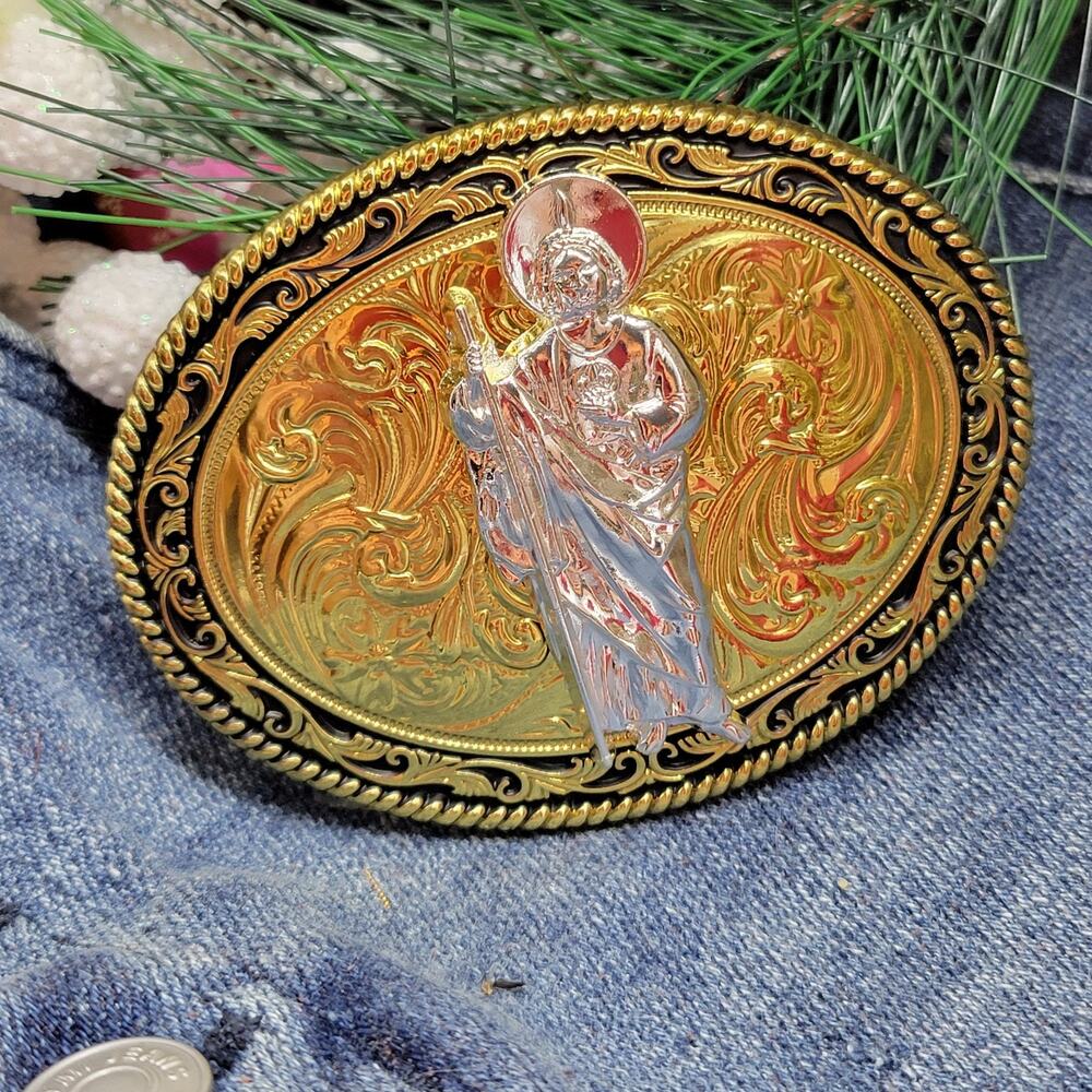 KIDS belt Buckle Saint jude San Judas Western Buckle Gold Tone & Silver Oval